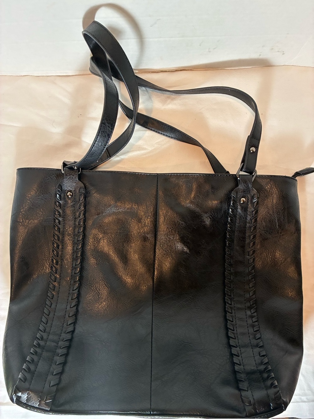 Sam & Hadley Black Faux Leather Large Tote Bag Braided Strap Detail Shoulder Bag - Picture 3 of 11